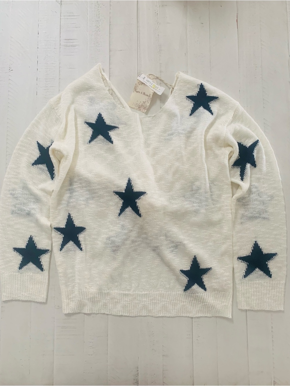 Hem & Thread Cream Summer Knit Sweater with Navy Star Print
